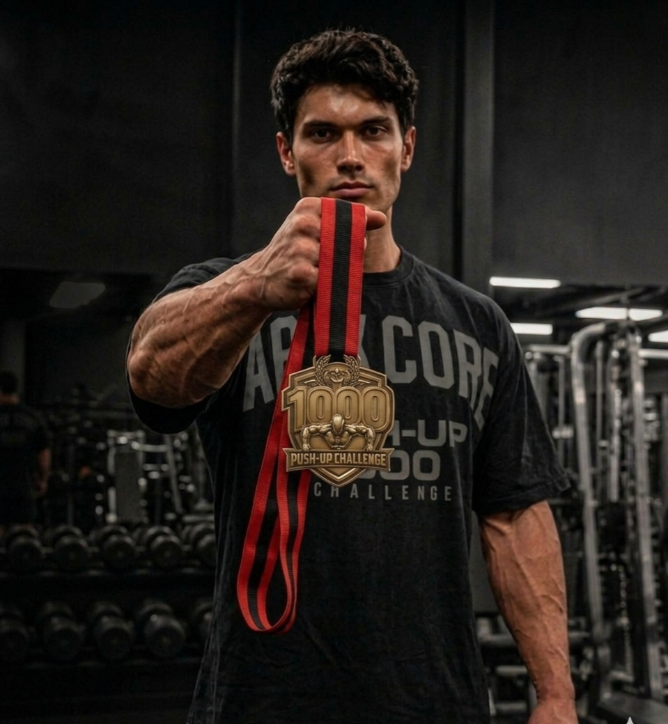 Athlete holding the 1000 push-up medal
