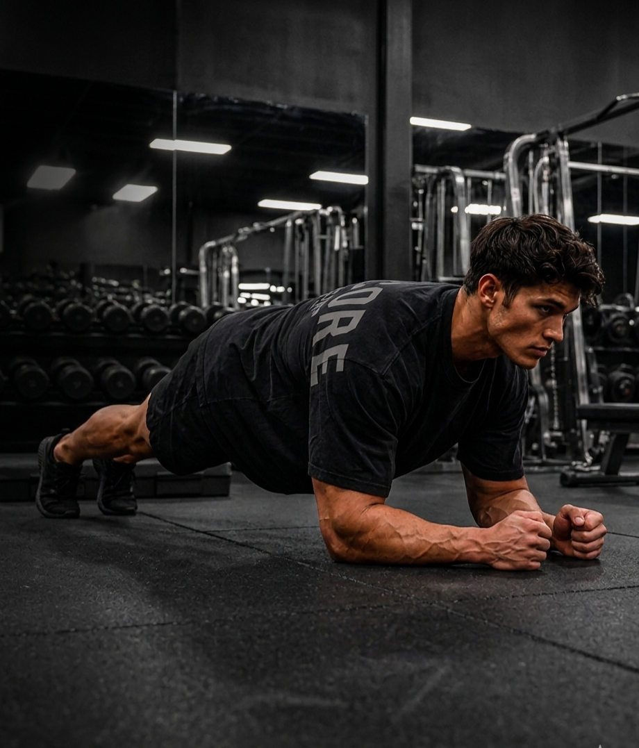 Athlete planking in dark gym