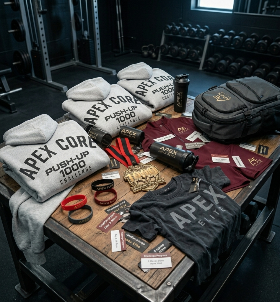 Apex Elite merch — hoodies, medals, shaker, wristbands, backpack